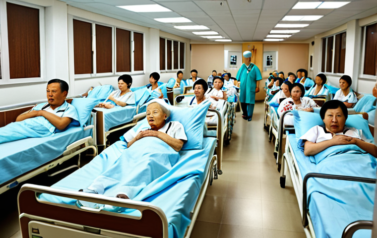 **

A crowded Chinese hospital ward, elderly patients in beds, doctors and nurses looking stressed, highlighting the strain on healthcare resources due to an aging population.

**