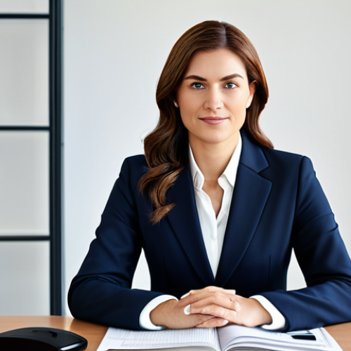 Home 9 **
A professional businesswoman in a modest business suit, sitting at a desk in a modern office, fully clothed, appropriate attire, safe for work, perfect anatomy, natural proportions, professional photography, high quality.
**