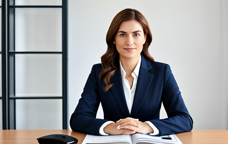 **

A professional businesswoman in a modest business suit, sitting at a desk in a modern office, fully clothed, appropriate attire, safe for work, perfect anatomy, natural proportions, professional photography, high quality.

**
