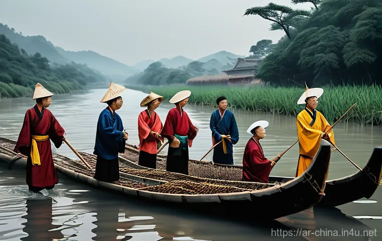 중국 단오절의 유래 - **Prompt:** A historical, atmospheric illustration depicting ancient Chinese villagers gathered alon...