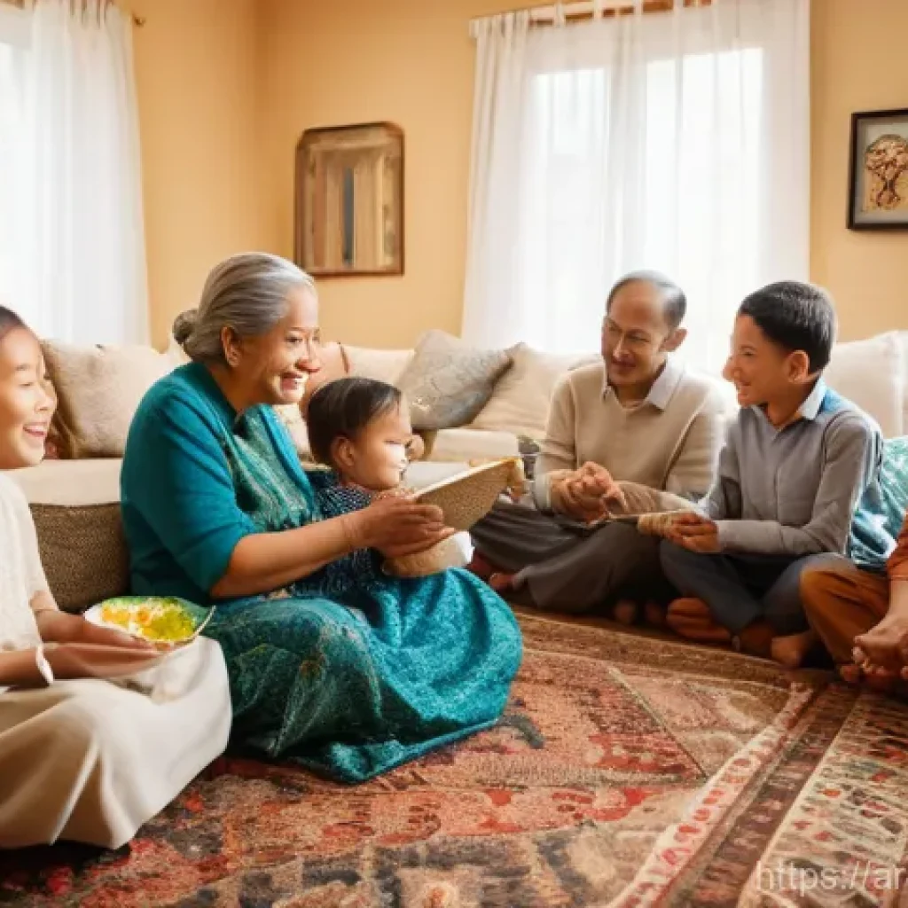 중국 공자의 유교 사상 - **Family Harmony and Filial Piety:** A warm, multi-generational family gathering in a tastefully dec...