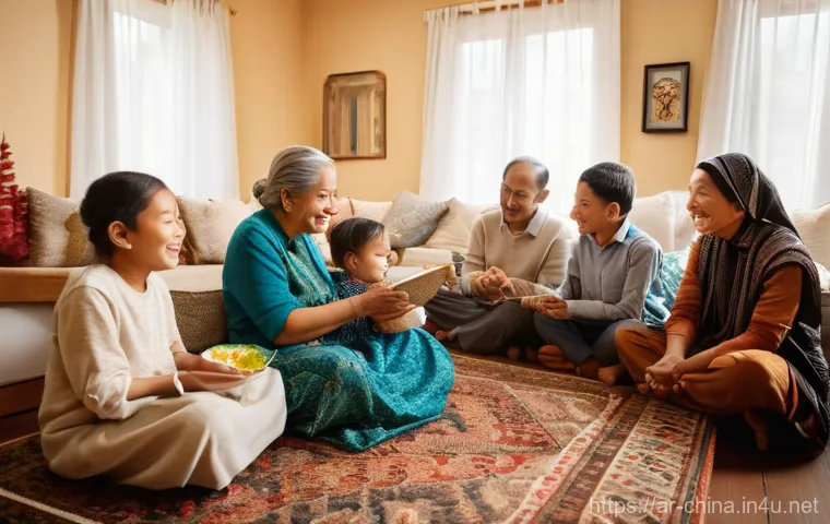 중국 공자의 유교 사상 - **Family Harmony and Filial Piety:** A warm, multi-generational family gathering in a tastefully dec...