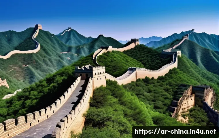 중국 진시황과 병마용 - A vast panoramic view of the Great Wall of China winding through rugged mountainous terrain and arid...