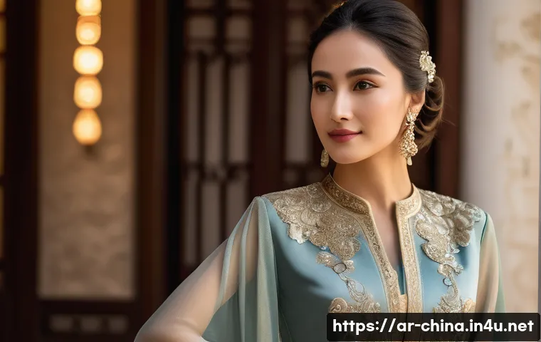 중국의 유명한 전통 의상 치파오 - A detailed portrait of an elegant Arab woman wearing a traditional Chinese silk dress with intricate...