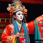 중국 경극의 주요 특징 - A detailed scene of a traditional Chinese opera performer wearing an elaborately embroidered imperia...