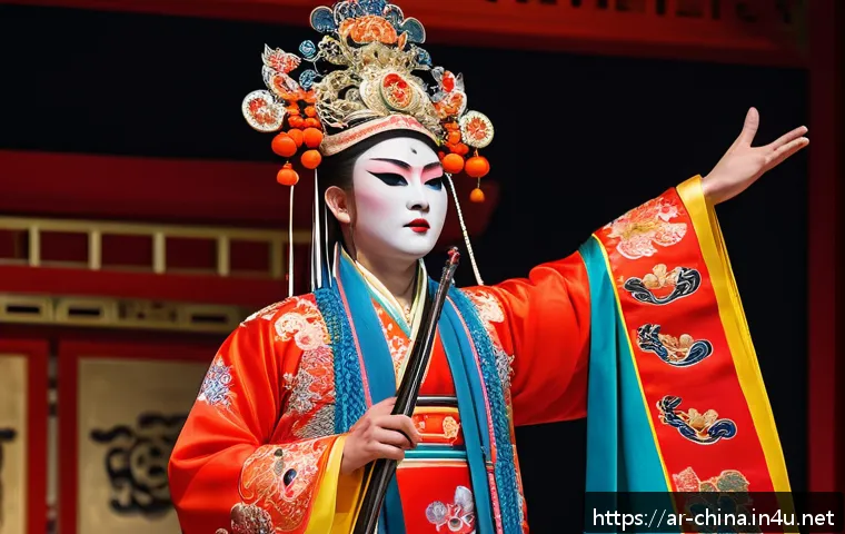 중국 경극의 주요 특징 - A detailed scene of a traditional Chinese opera performer wearing an elaborately embroidered imperia...