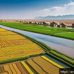 중국 황허 문명 특징 - A detailed ancient Yellow River valley agricultural scene during a seasonal flood, showcasing fertil...
