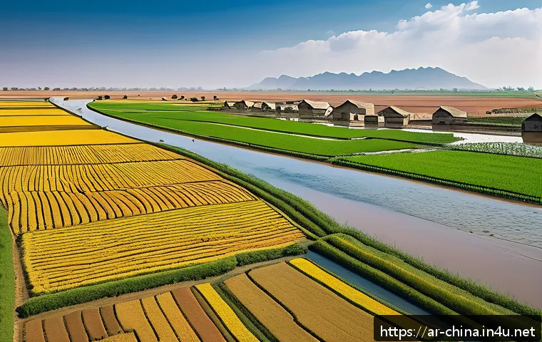 중국 황허 문명 특징 - A detailed ancient Yellow River valley agricultural scene during a seasonal flood, showcasing fertil...