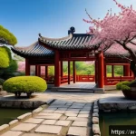 중국 전통 공예품과 의미 - A serene traditional Chinese garden scene featuring elegant wooden pavilions and winding stone pathw...