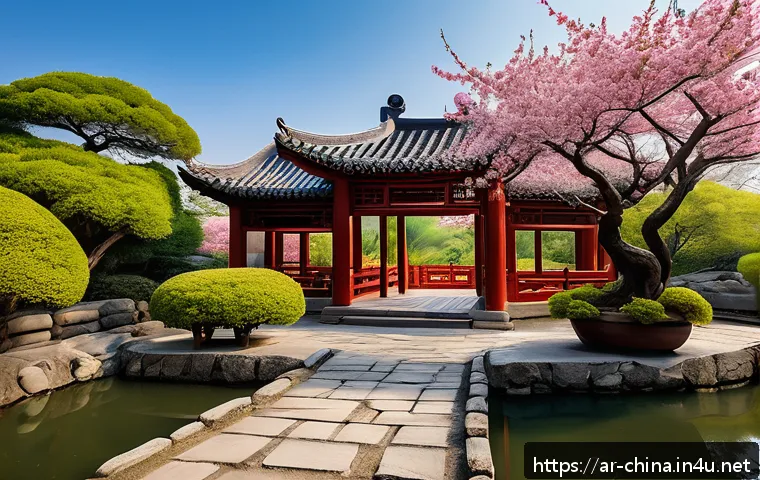 중국 전통 공예품과 의미 - A serene traditional Chinese garden scene featuring elegant wooden pavilions and winding stone pathw...