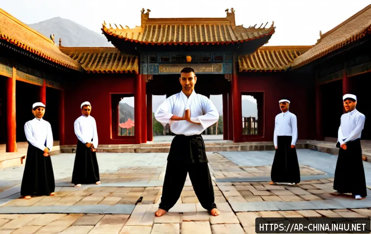 중국 쿵푸와 무술 학교 - Photorealistic wide shot of a traditional Chinese martial arts school courtyard at sunrise, a discip...