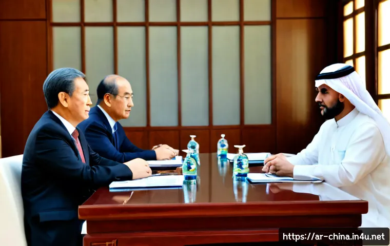 중국의 국제 외교 정책 - Photorealistic diplomatic meeting between Chinese and Arab officials in a refined modern conference ...